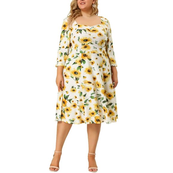 Agnes Orinda Yellow Daisy Floral Print Sweetheart Neck Midi Dress Size 3X 22 24 - Picture 1 of 7